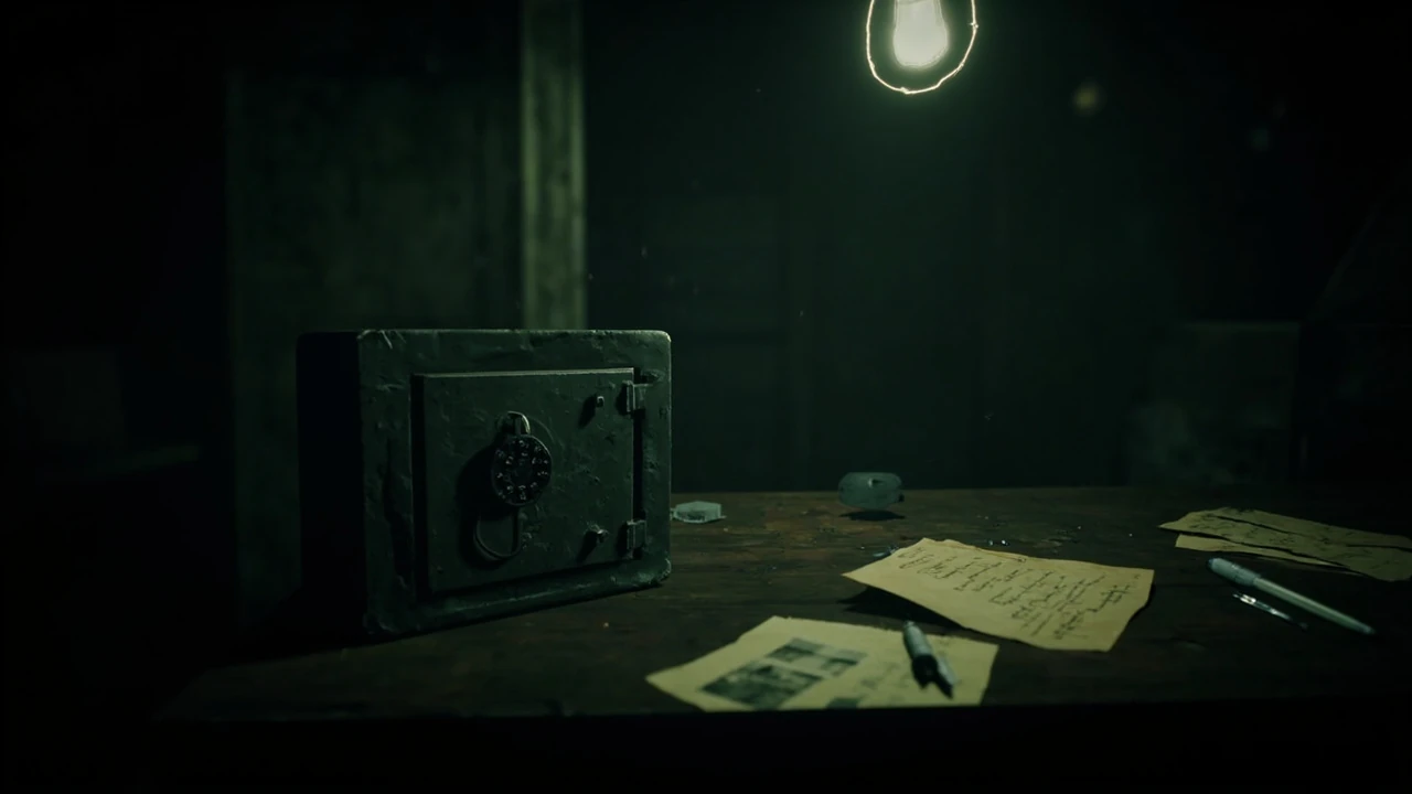 Examination room safe code re9 puzzle on a desk with notes and lock dial