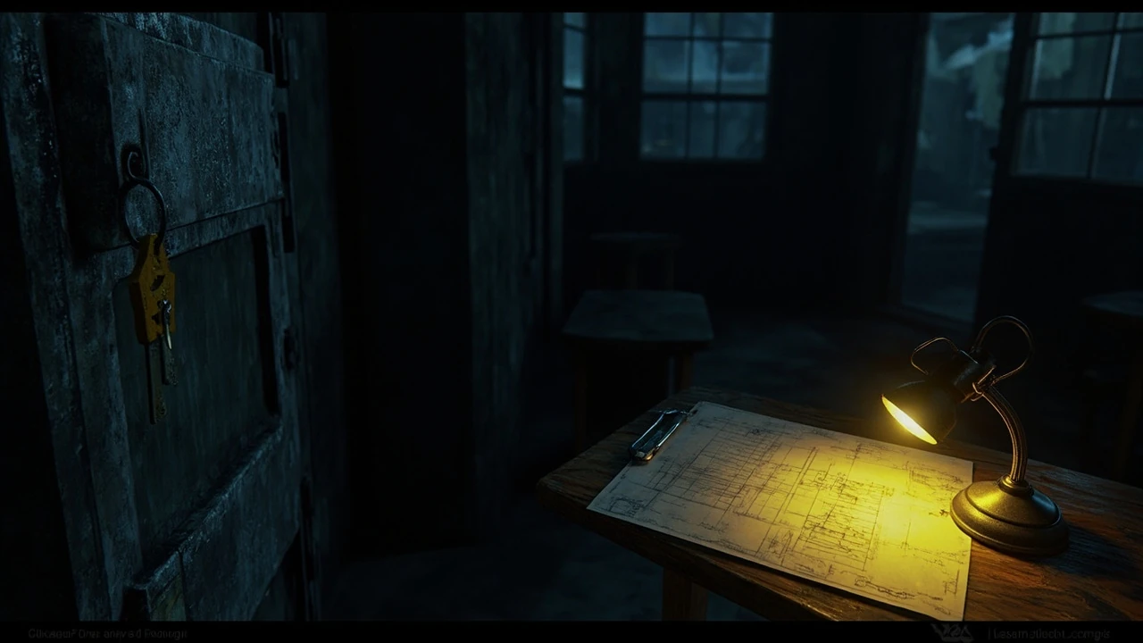 Dam control tower key location concept with locked gate and inspection table