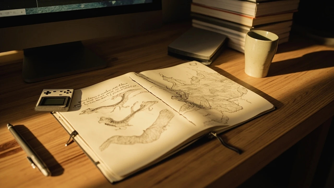 Editor desk covered in Pokemon Sword and Shield new pokemon research notes and a region map