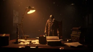 Pinocchio-style mechanical puppet solving a riddle at an ornate desk in a dark Belle Époque hotel for lies of p riddle answers