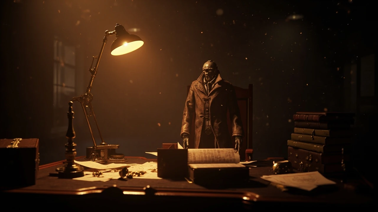 Pinocchio-style mechanical puppet solving a riddle at an ornate desk in a dark Belle Époque hotel for lies of p riddle answers