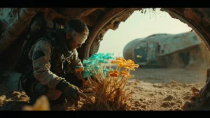 A raider scanning a glowing mushroom cluster inside an Arc Raiders dropship wreck
