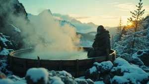 A masked traveler soaking in a ghost of yotei hot spring with snow-dusted pines in the background
