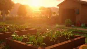 Stylized voxel garden plot in Roblox with a floating ticket suggesting a redeemable in-game code
