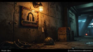 Galleria sign in ARC Raiders on a rusty extraction map wall