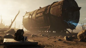 Tall cylindrical Arc Deforester wreck standing in the dusty terrain of Blue Gate